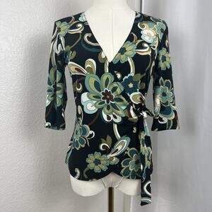 VTG Byer Top Womens‎ Medium Black Retro Floral Wrap Stretch Y2K Boho Fairygrunge